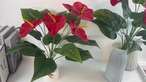 12-Headed Red Palm Artificial Flowers Flamingo Flower with Lush Green Leaves Fake Plants for Room Home Garden Outdoor Decoration