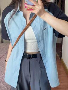 Korean Style Patchwork Blue Loose Short Sleeve Shirt & Preppy Style Coat