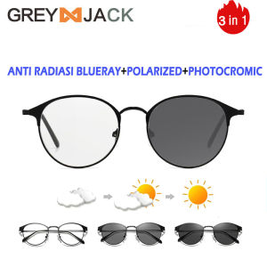 Greyjack Frame Kacamata Anti radiasi Blueray Photocromic Polarized 3IN1 model bulat Metal fashion Pria dan Wanita 16034
