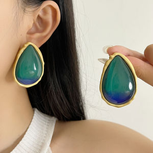 Vintage Oval Glass Gradient Waterdrop Gem Unique Earrings Women Luxury Lightweight Exquisite Dome Alloy Fashion Jewelry