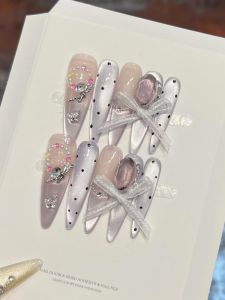 Removable Handmade Purple Cat Eye Polka Dot Nail Tips White Enhancing Long Sharp Wearable False Nails Art Decals