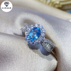 【Giảm Giá Hấp Dẫn + Hàng Có Sẵn】nhẫn Hở Khí Chất Đơn Giản Đính Đá Topaz Màu Xanh Da Trời Nhẫn Nữ