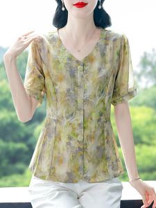 DAIXIANGFEIZI | Áo Blouse Chiffon Hoa Phong Cách Slim Fit Cổ V Cho Mẹ