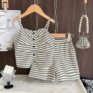 Bear Leader Summer New Black and White Stripe Print Girls Clothes Sets Casual Pleated Suspenders T-shirt Top + Shorts Two-piece Suits Outfits Korean Fashion Kids Casual