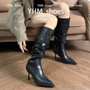 รองเท้าบูทส้นสูงทรงหัวแหลม ทรงสลิม เอวสูง ด้านข้างเป็นร่องรอย สำหรับผู้หญิง ฤดูใบไม้ร่วง/ฤดูหนาว รองเท้าบูทส้นสูงแบบสวม ส้นสูง 5-8 ซม.