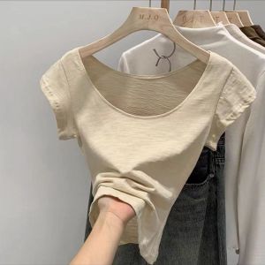 Pure Cotton Short Sleeve U-Neck Basic Style Slim Fit Short Length T-Shirt Women Spring Summer Solid Color Korean Version Top