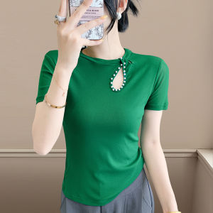 Yimei Áo thun đính cườm cổ tròn ngắn tay lưới mới Xuân/hè 2025 Áo đáy Đen giảm béo thời trang nữ hợp thời trang