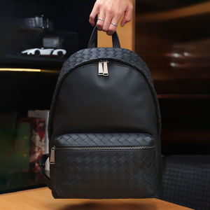 Mens Fashionable Leather Woven Backpack Casual Travel Leisure Trendy Cowhide Shoulder Bag Youth Bookbag Computer Bag