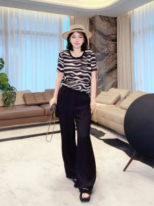 MeHomeYang Ladies Black White Striped Short Sleeve Knitted T-Shirt Art Print Fashionable Versatile Womens Top Summer Wear