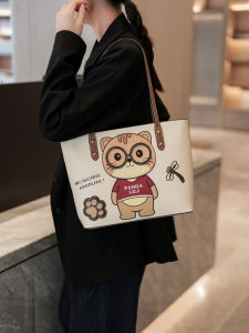 Large Capacity Tote Bag Womens 2025 New Cute Cartoon Bear Handbag British Style Commuting Shopping Bag Soft PU Material