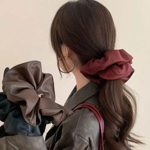 2025 Autumn Winter New Black PU Leather Tie Hair Solid Color Large Girls Women Hair Accessories Headwear Scrunchies Female
