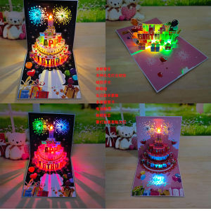 3D Birthday Greeting Card with Sound Music Candle Lighting Colorful Flower Explosion Creative Festive Birthday Celebration Card