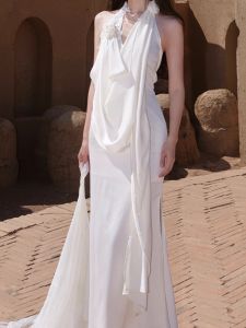 Elegant Long Dress Neck Hanging Design Pure Desire Style Birthday Party Dress Ladylike Atmosphere Polyester Fiber A-line Skirt