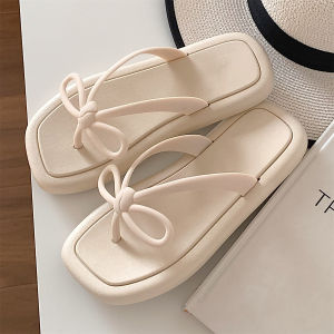 Simple Pure Color Thin Strip Flip Flops for Women Soft Bottom Beach Sandals with Butterfly Knot Clip-On Style for Youth