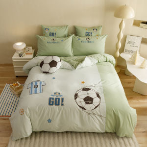 Boys Football Sports Washed Cotton Bedding Set Cartoon Duvet Cover Bed Sheet Quilt Cover Pillowcase Four-Piece Cotton Bedding