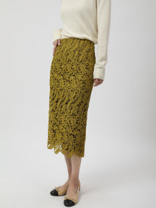 Mars Jaimin Elegant Embroidered Water Soluble 3D Midi Skirt High Waist Straight Cut Commute Style Polymide 100% Spring New Color