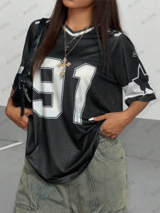 Nữ Mùa Hè Đen Tốc Độ 91 In Hình Cổ Chữ V Miếng Dán Cường Lực Nữ Tay Ngắn Y2K Rời Quá Khổ Thể Thao Bóng Đá Hàng Đầu