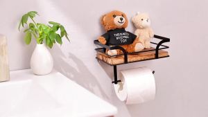 Wall mounted forged iron tissue holder with recycled wooden storage rack - space saving bathroom organizer