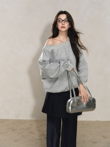 YIKEXIAOYEMEI | Áo Sweater Tay Dài Màu Xám Đệm Vai Mới Thu Đông