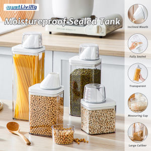 JustLiving 1PC 700/1100/1500/1900ML Kitchen Food Grade Plastic Sealed Cans Cereal Grains Storage Tank Plastic Transparent Sealed Jar with Built-in Measuring Cup