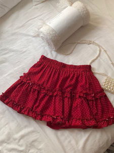 Stylish High Waist Red Polka Dot Mini Skirt Korean Sweet Style Unique Design Sensation Cake Skirt Elegant Short Skirt