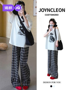 JoynCleon | Maternity Covering Belly Set Cartoon Printed T-Shirt Loose Slimming Check Pants