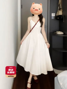French Style White V-Neck Strapless Dress Womens Summer New Beach Vacation Waist-Cinching Long Dress Sweet High Waist A-Line Skirt