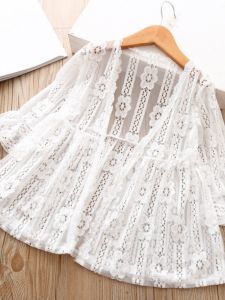 เสื้อคาร์ดิแกนแขนยาวผ้าลูกไม้สำหรับเด็กผู้หญิง ฤดูใบไม้ผลิและฤดูร้อน แขนยาวปานกลาง แขนยาวปานกลาง เสื้อคลุมกันหนาวแบบมีฮู้ด ผ้าฝ้ายผสม