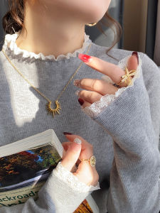 White Lace Knitted Base Shirt Womens Inner Wear High-End Sensation Half High Collar Autumn Winter New Style Outwear Knitted Top