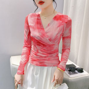 REHIN Spring/Autumn New V-Neck Ruched Pullover Long-Sleeve T-Shirt Red Tie-Dye Print Ultra Slim-Fit Fashionable Womens Top