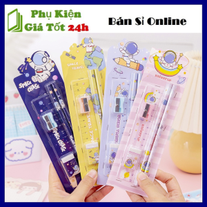 Bộ Dụng Cụ Học Tập 5 Món Gồm Bút Chì + Tẩy + Thước Kẻ + Gọt Bút Chì Cho Bé Yêu - Bộ Đồ Dùng Học Tập Đầy Đủ Cho Học Sinh Lớp 1