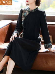 New Chinese Style Long Sleeve Qipao Dress for Middle-Aged Women Spring Autumn Fashionable Midi Dress Loose Fit Polyester
