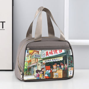 กระเป๋าใส่ข้าวกลางวันแบบพกพาความจุขนาดใหญ่ ผ้าไนลอนทนทาน ป้องกันน้ำได้ ปิดด้วยซิปพร้อมกระเป๋าสะพายไหล่ ลายการ์ตูน