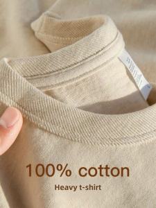 American Style Fleece Short Sleeve T-Shirt 300G Pure Cotton Heavyweight Loose Fit Summer Top for Men And Women Milk Tea Color