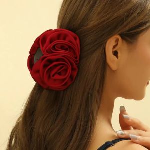 Cross Border New Hot Selling Large Edition Rose Grab Clip High Grade Satin Back Head Pan Hair Clip Fashion Hair Accessories