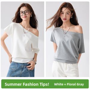 Miiow | Loose Shoulder Womens T-shirt Cotton Short Sleeve One-Shoulder Design Summer Casual Comfortable Cool Style Pure Color Top