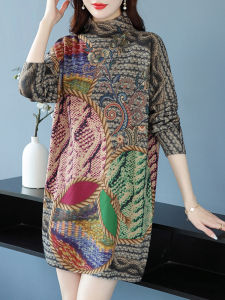 Autumn Winter Womens Wool Blend Knitted Midi Base Shirt Half High Collar Sweater Fashionable Printed Dress plus Size Mom
