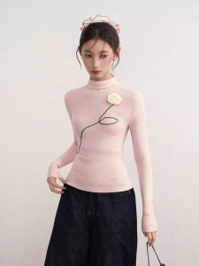 BAIDAIFEI | Quần Áo Knitwear Ôm Body Tay Dài Cổ Trụ Nửa Cao Hoa 3D Màu Hồng