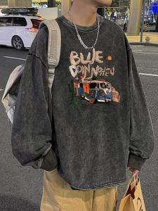 New Arrival Casual Couple Long Sleeves T-shirt Ins Trendy Pure Cotton Loose Distressed Tops Hong Kong Style Washed Sweatshirt Mens Autumn