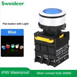 Button Switch with LED 30mm Waterproof Momentary Reset Power Push Button Switch with Light 12V 24V 220V 10A 1NO 1NC