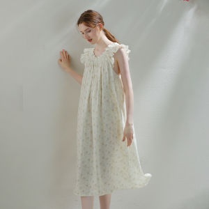 XEXZ | XEXZ Womens Summer Sleepwear French Style Long Dress Embroidered Linen Court Print Casual Home Clothes Round Neck Sleeveless