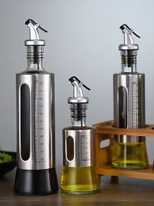 PDM Premium 304 Stainless Steel Oil Dispenser Bottle Leak-proof Glass Steel Oil Bottle Soy Sauce Vinegar Cruet Storage