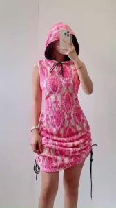 WOMENS HOODED SLEEVELESS BODYCON DRESS IN BARK CREPE FABRIC STRETCHABLE FLEXIBLE FIT