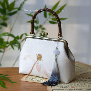 New 2025 Embroidered Lotus Classical Handbag for Mom Vintage Style Bamboo Handle Ladies Shoulder Bag Soft Polyester Lining