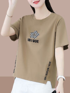 เสื้อยืดแขนสั้นผู้หญิงผ้าฝ้ายแท้ทรงหลวมพิมพ์ลายฤดูร้อน 2025 เสื้อยืดคอกลมแขนสั้นทรงหลวมพิมพ์ลายสีขาว ทรงหลวม ทรงหลวม