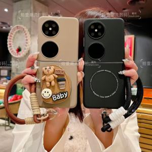 Detachable Bear Stand Huawei Pocket2 Phone Case Magnetic Ring P50 Pocket Foldable Screen Cartoon Protective Cover with Wrist Strap Cute Anti-Fall