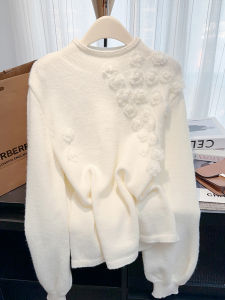 WANGGONGZHU | Princess Style Womens Knitted Sweater Half High Collar 3D Flower Loose Fit Lazy Style Autumn Winter New Design Sensation
