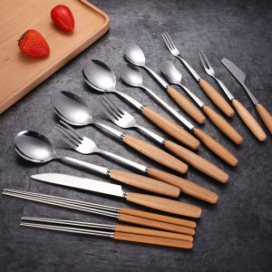 Stainless Steel Chopsticks Fruit Fork Wooden Handle Japanese Style Dining Utensils Home Use Solid Color Double Sided Chopsticks