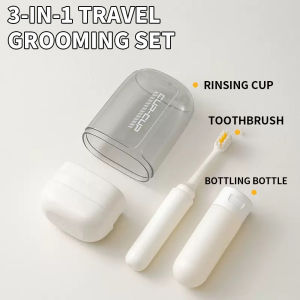 Toothbrush travel container travel grooming set - including toothbrush mouthwash cup and dispensing bottle - suitable for esse