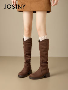 Josiny | 2025 New Style Warm Flocked Cowboy Boots Elastic Chunky Heel Women